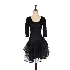 Vintage 80s Steppin' Out Black Lace Layered Tulle Asymmetric Evening Party Dress